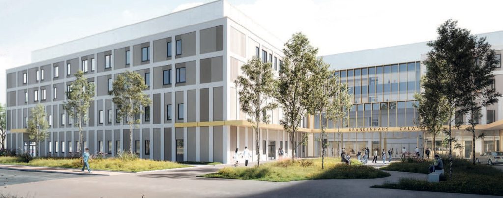Zukünftiges Aussehen des Kreiskrankenhauses in Calw mit weißem Gebäude auf neuem Gesundheitscampus Calw